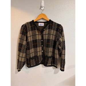 Tally-Ho Cardigan Sweater Women's Med Vintage Plaid Knit Button Front Old Money